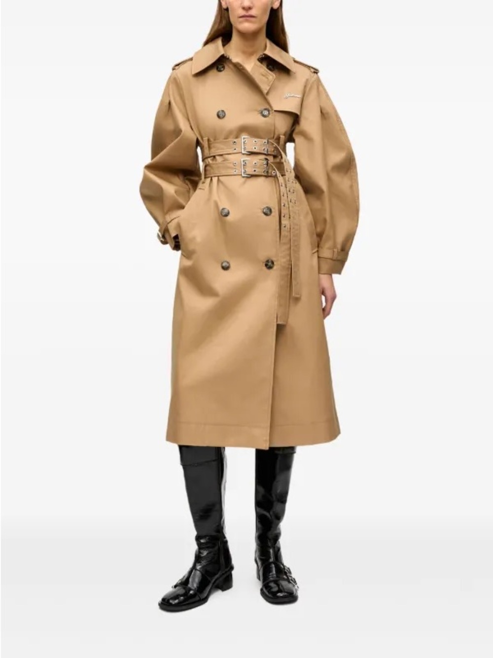 Ganni Double-Breasted Belted Trench Coat - Tan